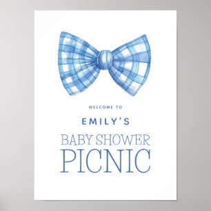 Blue Gingham Bow Tie Welcome Baby Shower Picnic Poster