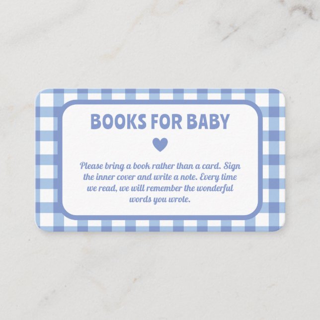 Blue Gingham Boy Baby Shower Books For Baby Enclosure Card (Front)