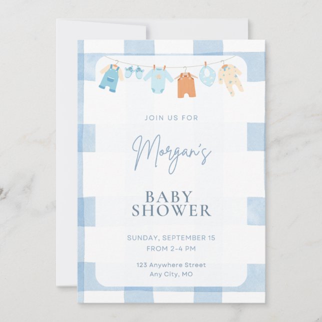 Blue Gingham Boy Baby Shower Clothesline Invitatio Invitation (Front)