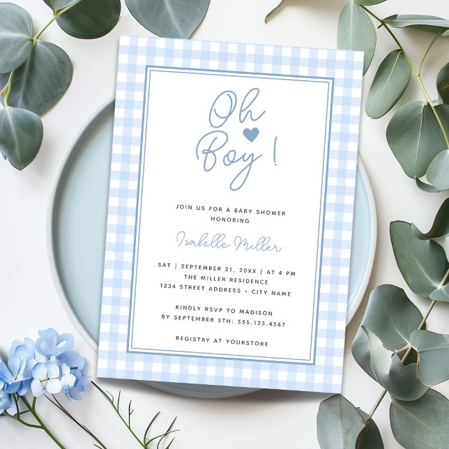 Blue Gingham Boy Baby Shower Invitation (Creator Uploaded)