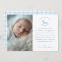 Blue Gingham Boy Baby Shower Photo Thank You Card