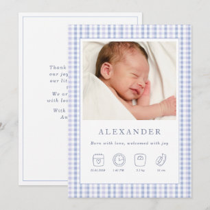 Blue Gingham  Boy Birth Announcement Photo Card