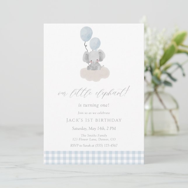 Blue Gingham Boy Elephant First Birthday  Invitation (Standing Front)