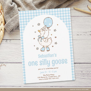 Blue Gingham Boys One Silly Goose 1st Birthday Invitation
