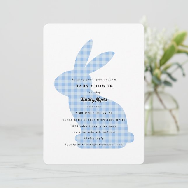 Blue Gingham Bunny Baby Shower Invitation (Standing Front)