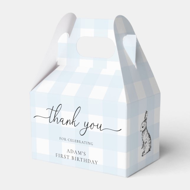 Blue Gingham Bunny Birthday Thank You Favour Box (Front Side)