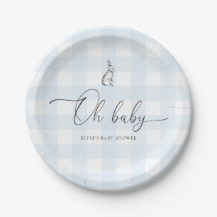 Blue Gingham Bunny Rabbit Baby Shower Paper Plate