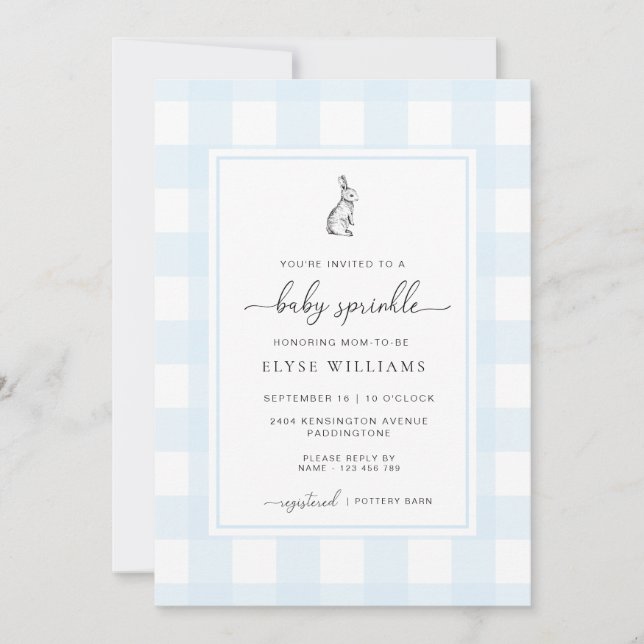 Blue Gingham Bunny Rabbit Baby Sprinkle Invitation (Front)