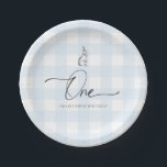 Blue Gingham Bunny Rabbit First Birthday Paper Plate<br><div class="desc">These first birthday paper plates feature a timeless gingham design with a modern hand-lettered font and a hand-illustrated bunny rabbit. For more advanced customisation of this design,  simply select the "Customise It" button above.</div>