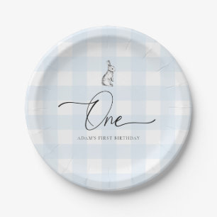 Blue Gingham Bunny Rabbit First Birthday Paper Plate