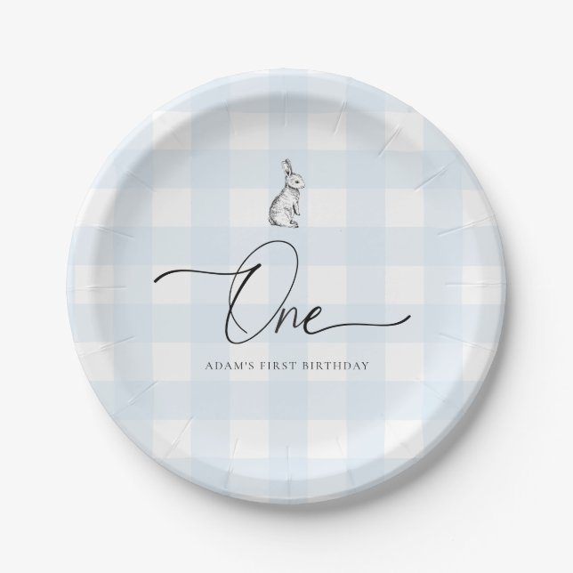 Blue Gingham Bunny Rabbit First Birthday Paper Plate (Front)