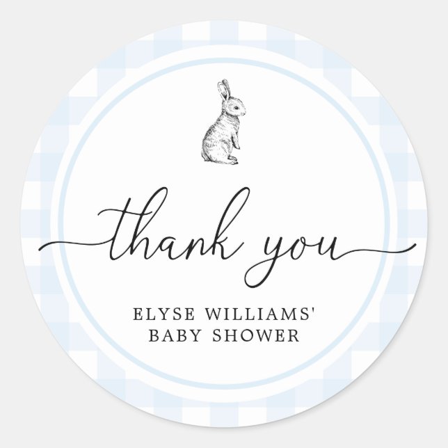 Blue Gingham Bunny Rabbit Shower Favour Sticker (Front)