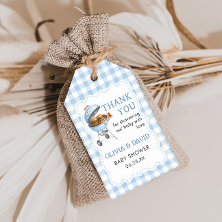 Blue Gingham Burger BBQ Baby Shower Gift Tag