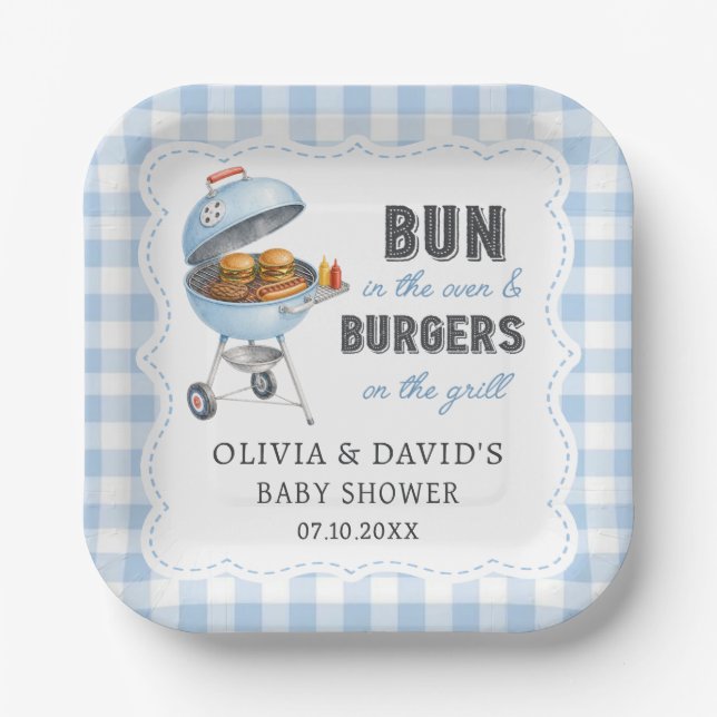 Blue Gingham Burger BBQ Baby Shower Paper Plates (Front)