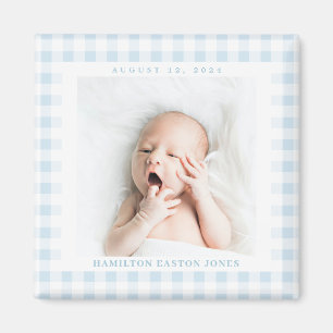 Blue Gingham Check Baby Birthdate Magnet