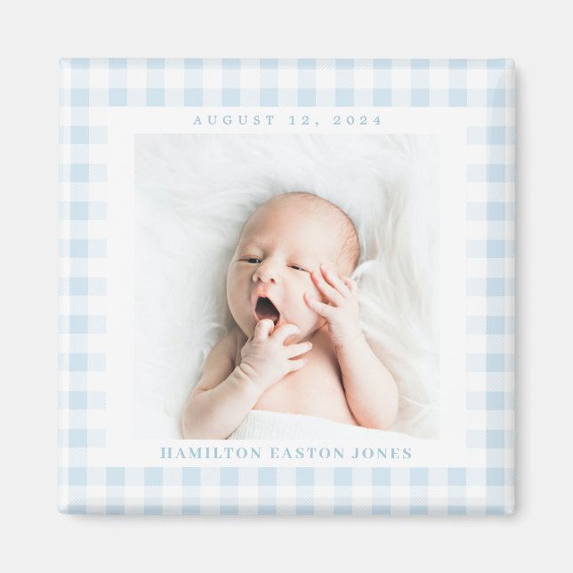 Blue Gingham Check Baby Birthdate Magnet (Front)