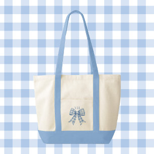 Blue Gingham Check Bow Monogram Contrast Trim Tote Bag