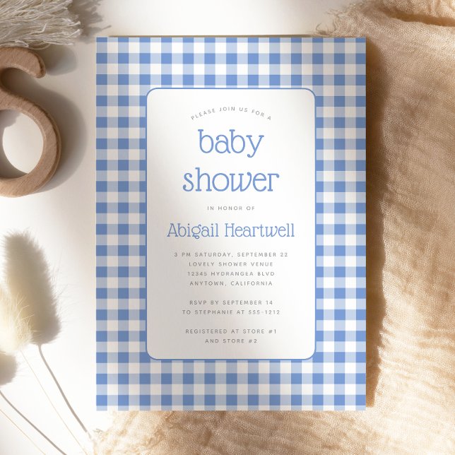 Blue Gingham Check Boy Baby Shower Invitation (Creator Uploaded)
