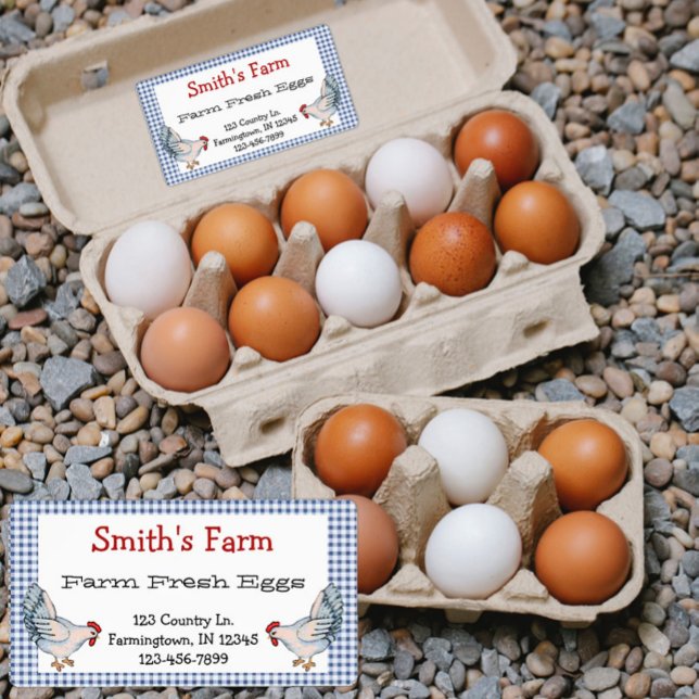 Blue Gingham Check Farm Fresh Eggs Chickens Label (Creator Uploaded)