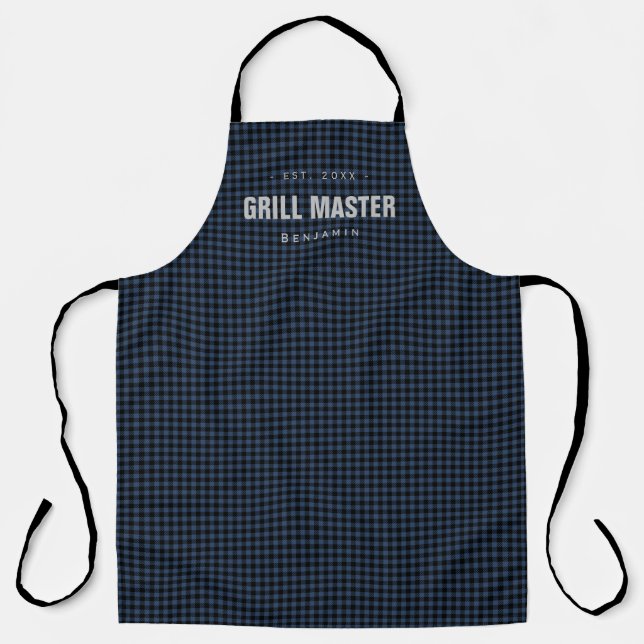 Blue gingham check grill master personalized apron (Front)