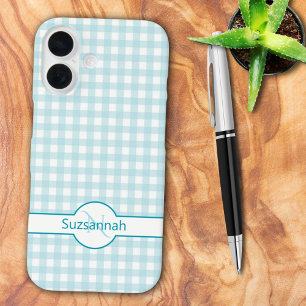 Blue Gingham Check Monogrammed Custom Case-Mate iPhone 16 Case