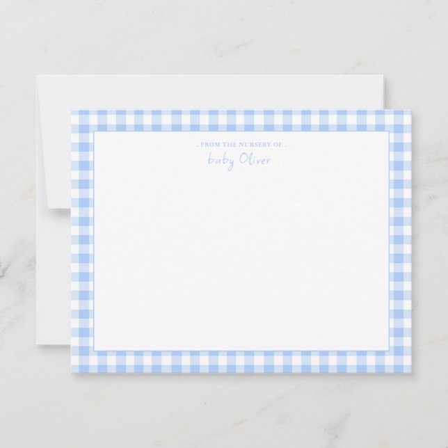 Blue Gingham check Personalised Flat Thank You Card (Front)