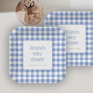 Blue Gingham Check Rustic Boys Baby Shower Paper Plate