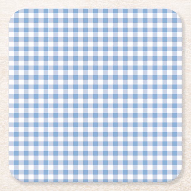 Blue Gingham Check Square Paper Coaster (Front)
