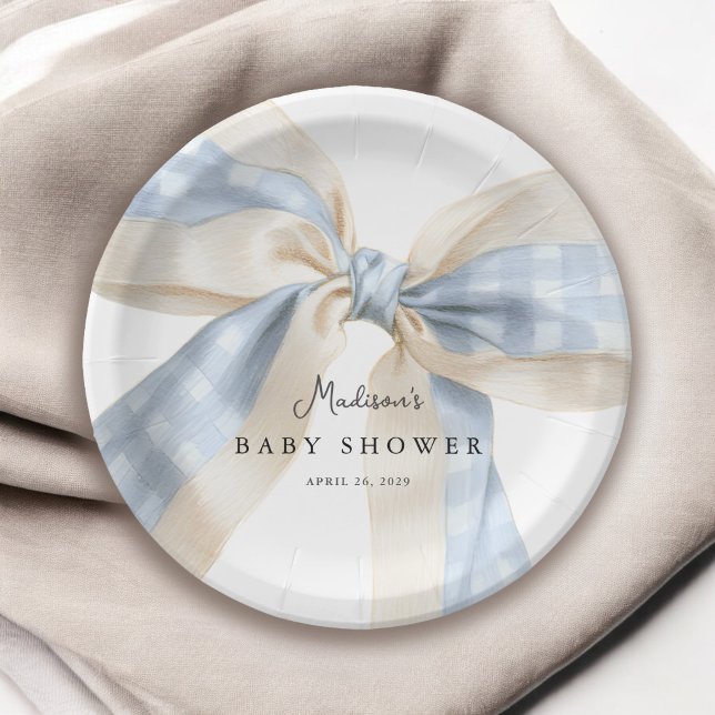 Blue Gingham Checks Bow Baby Shower Paper Plate (Creator Uploaded)
