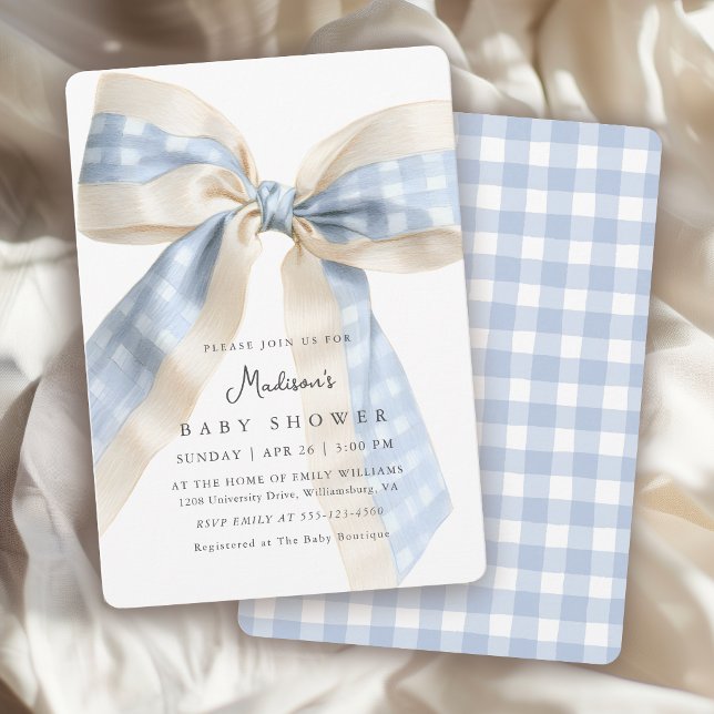 Blue Gingham Checks Bow Cute Baby Shower Invitation (Creator Uploaded)
