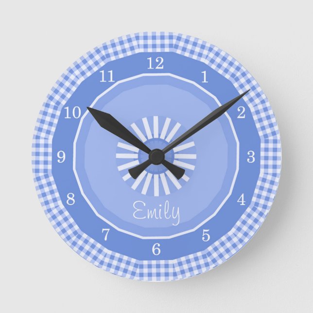 Blue Gingham Checks Round Clock (Front)
