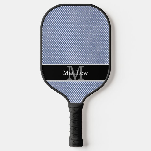 Blue Gingham Chequered Initial Monogram Pickleball Paddle (Front)