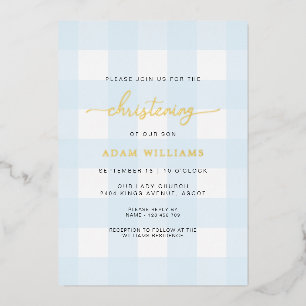 Blue Gingham Christening Gold Foil Invitation
