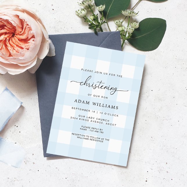 Blue Gingham Christening Invitation (Creator Uploaded)