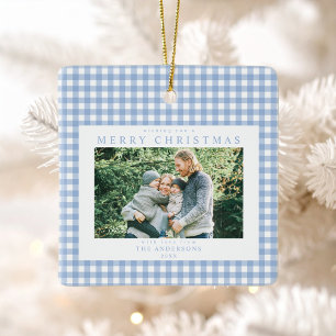 Blue Gingham Christmas Photo Ceramic Ornament