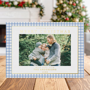 Blue Gingham Christmas Photo Foil Holiday Card