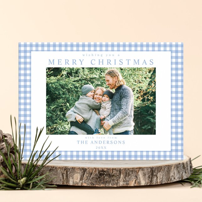 Blue Gingham Christmas Photo Holiday Card (Creator Uploaded)
