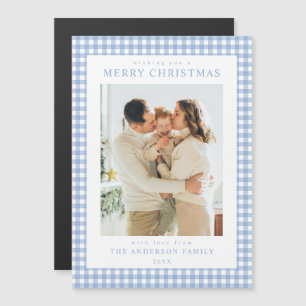 Blue Gingham Christmas Photo Magnetic Holiday Card