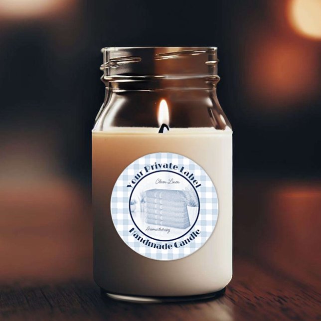 Blue Gingham Clean Linen Handmade Candle Label (Easy to customize text templates for you to make this label your own. )