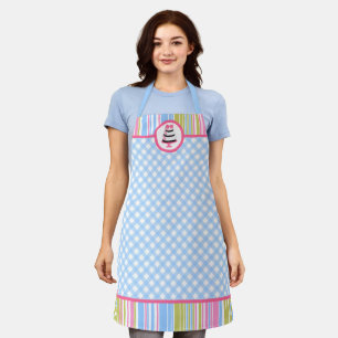 Blue Gingham Colourful Stripes Cake Apron