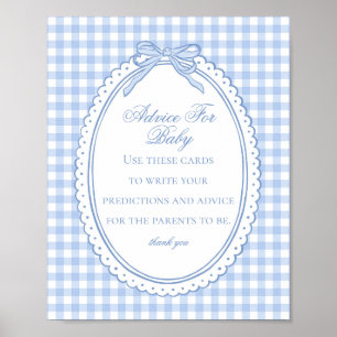 Blue Gingham Coquette Bow Advice for Baby Shower Poster