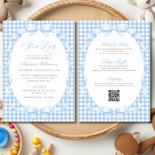 Blue Gingham Coquette Bow All-in-One Baby Shower Invitation