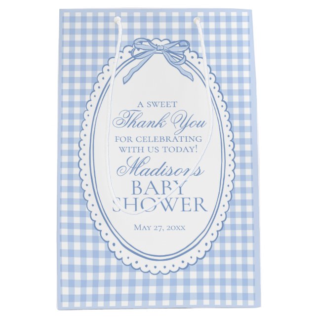 Blue Gingham Coquette Bow Baby Shower Favours Medium Gift Bag (Front)