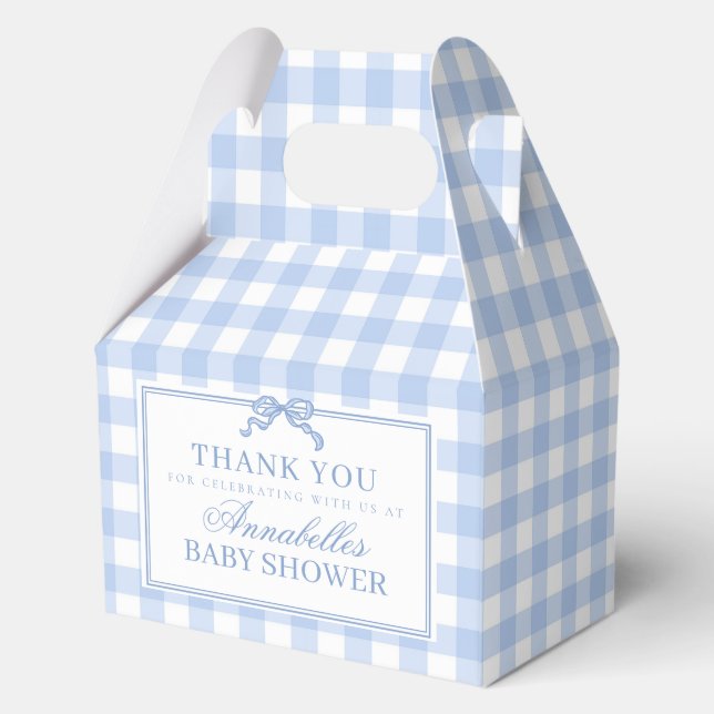 Blue Gingham Coquette Bow Baby Shower Gable Favour Box (Front)
