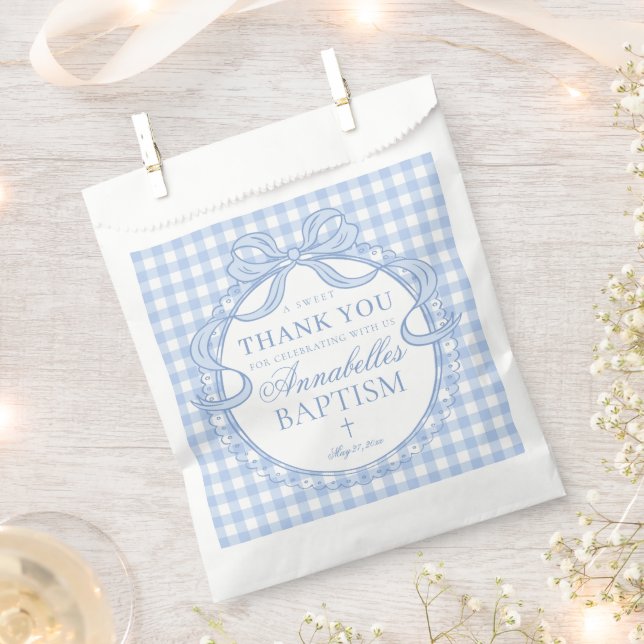 Blue Gingham Coquette Bow Baptism Dessert Favour Bag (Clipped)