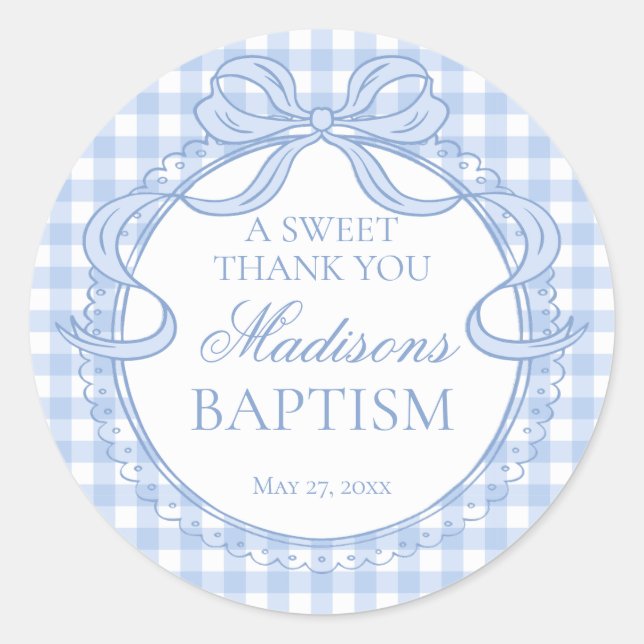Blue Gingham Coquette Bow Baptism Favour Classic Round Sticker (Front)