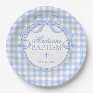 Blue Gingham Coquette Bow Baptism Paper Plate