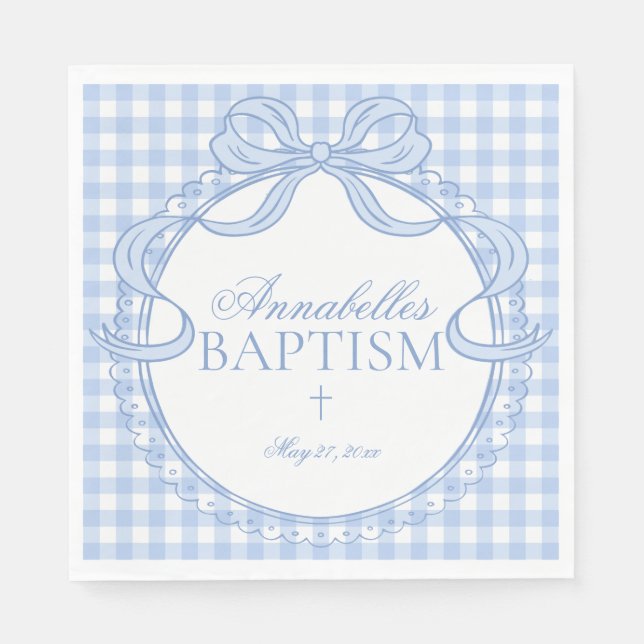 Blue Gingham Coquette Bow Baptism Table Decor Napkin (Front)