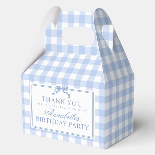 Blue Gingham Coquette Bow Birthday Gable Favour Box (Front)