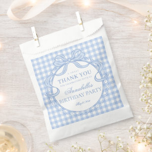 Blue Gingham Coquette Bow Birthday Party Dessert Favour Bag